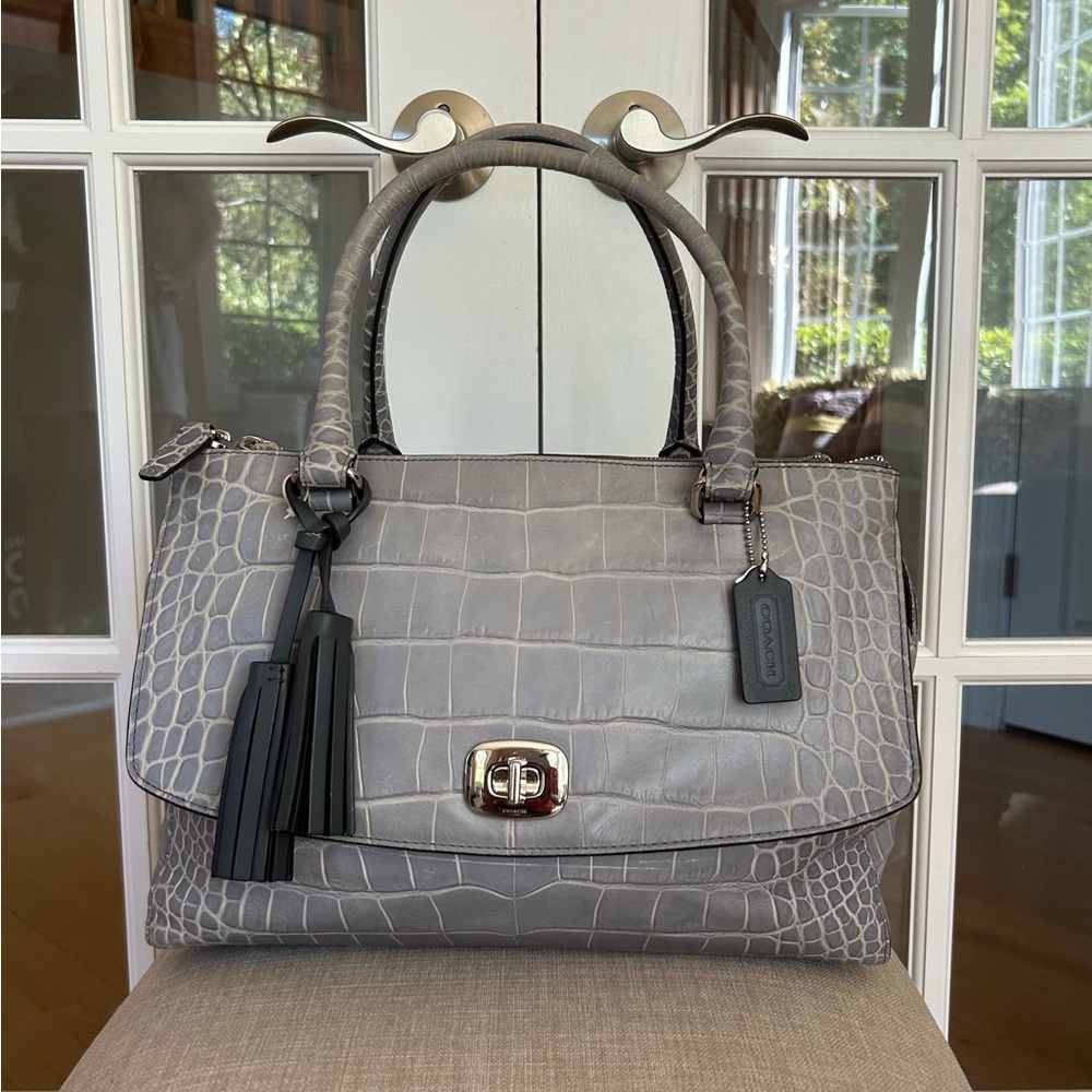 Coach Satchel Crocodile Embossed Leather in Grey Quartz.